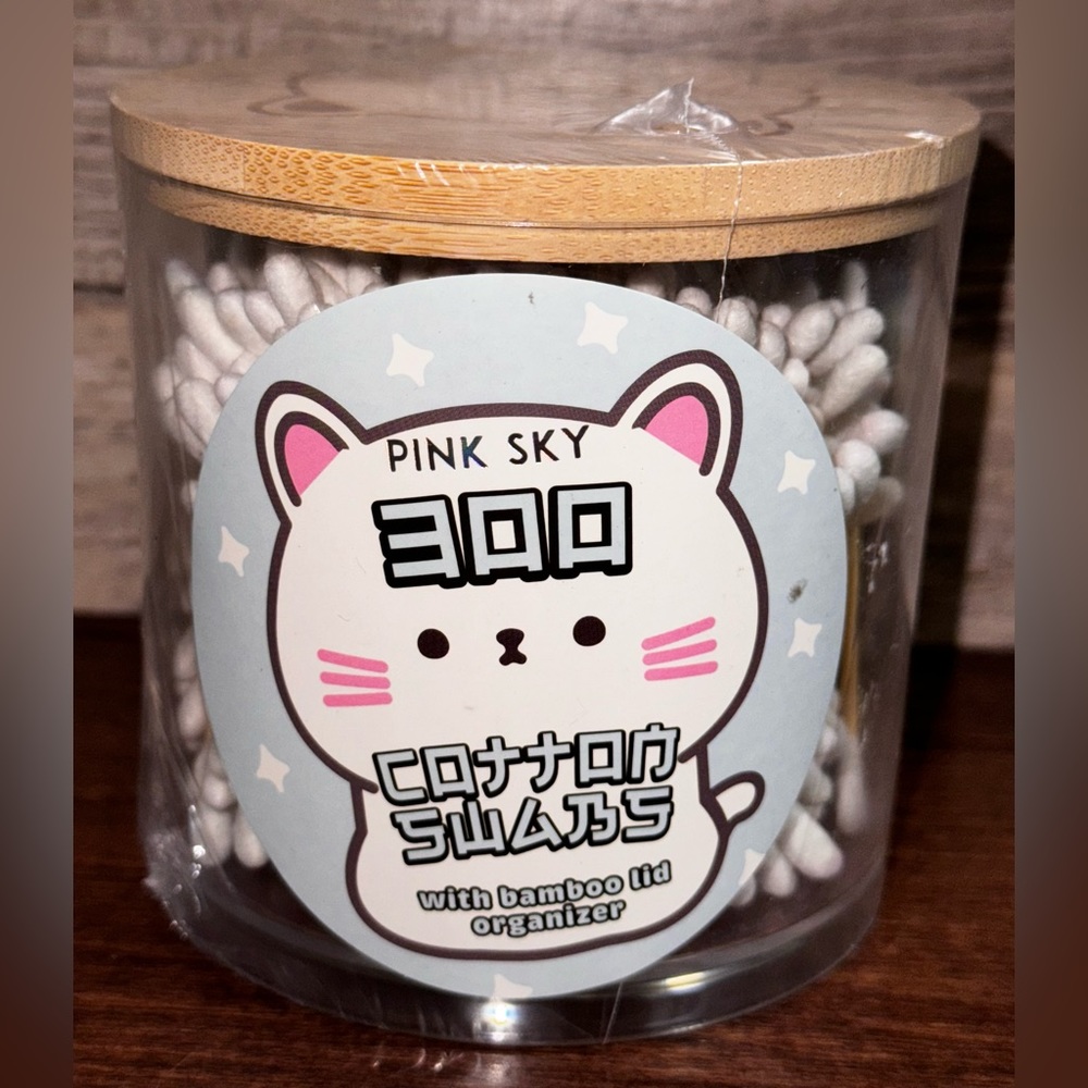 Pink Sky 300 Cotton Swabs with Bamboo Lid (Cat Face) Organizer by Argento